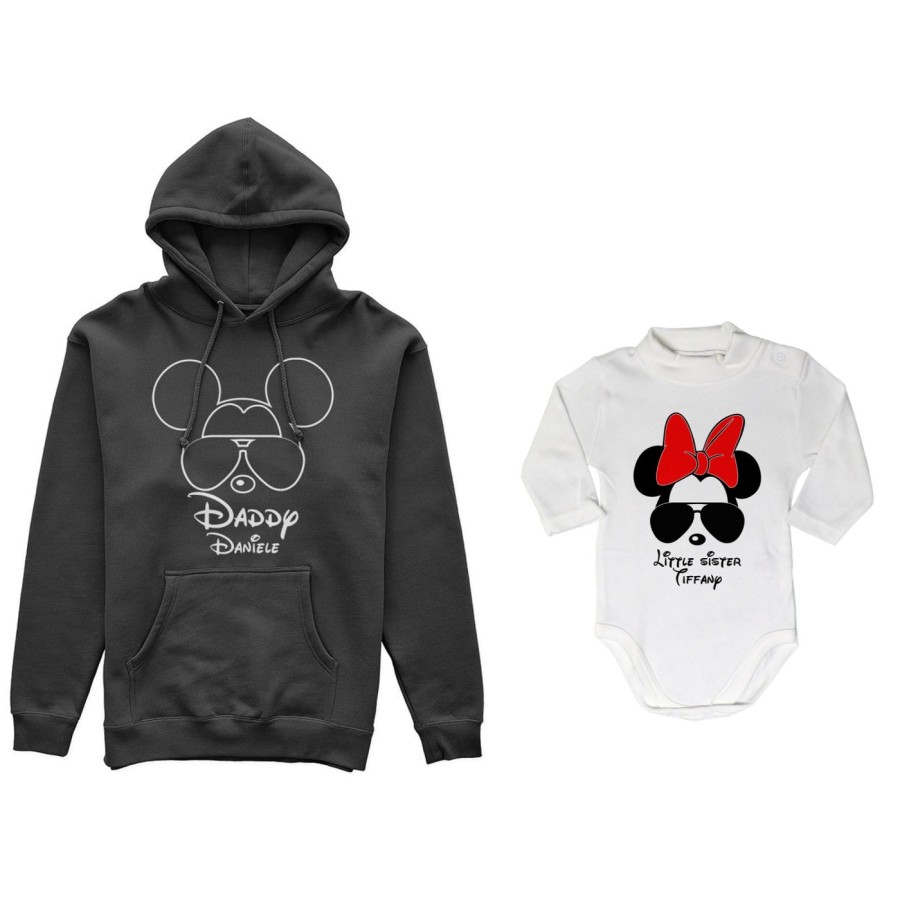 Coordinato felpe o body lupetto neonata padre figlia personalizzato daddy mickey baby sister minnie Per il papà