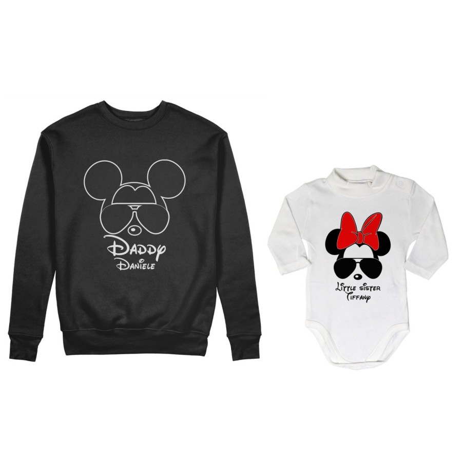 Coordinato felpe o body lupetto neonata padre figlia personalizzato daddy mickey baby sister minnie Per il papà