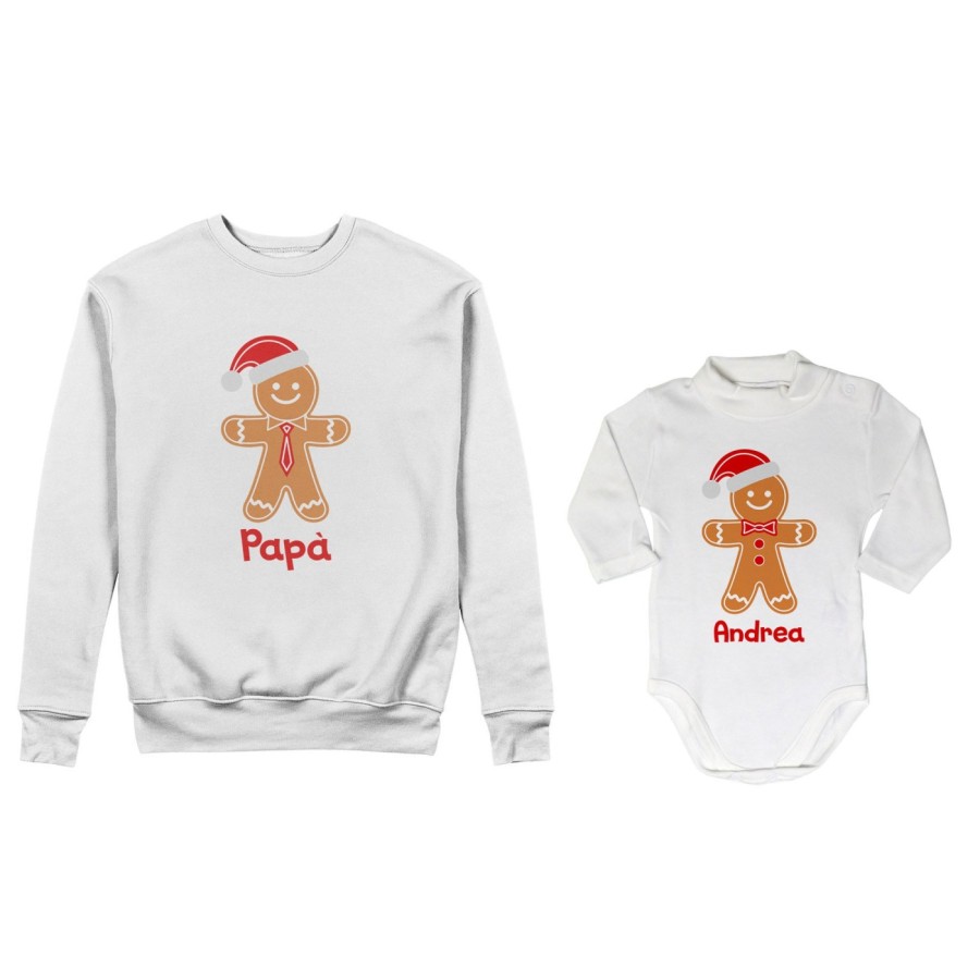 Coordinato felpe o body lupetto padre figlio personalizzabile con nome omini di pan di zenzero Natale