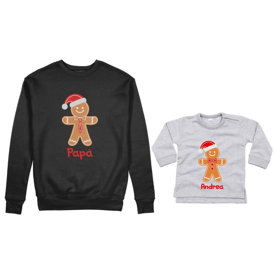 Coordinato felpe o body lupetto padre figlio personalizzabile con nome omini di pan di zenzero Natale
