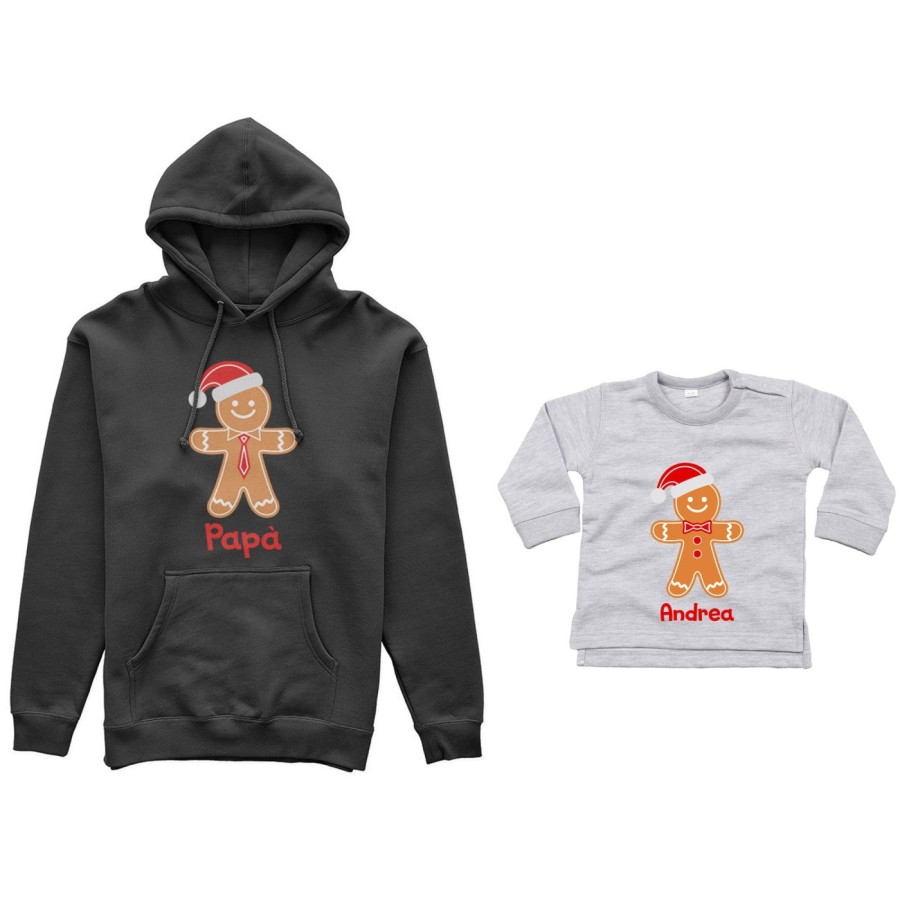 Coordinato felpe o body lupetto padre figlio personalizzabile con nome omini di pan di zenzero Natale