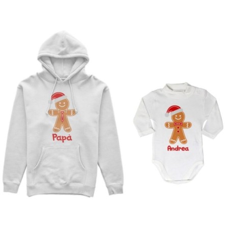 Coordinato felpe o body lupetto padre figlio personalizzabile con nome omini di pan di zenzero Natale