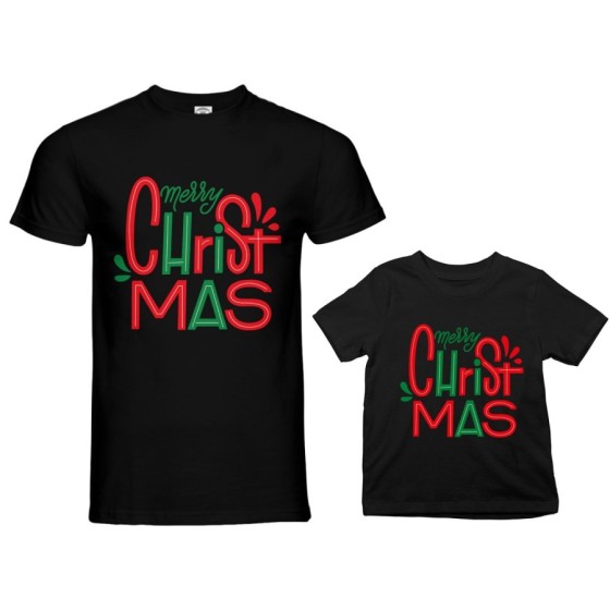Coordinato t-shirt padre figlio personalizzabile con nomi merry christmas colorful Natale