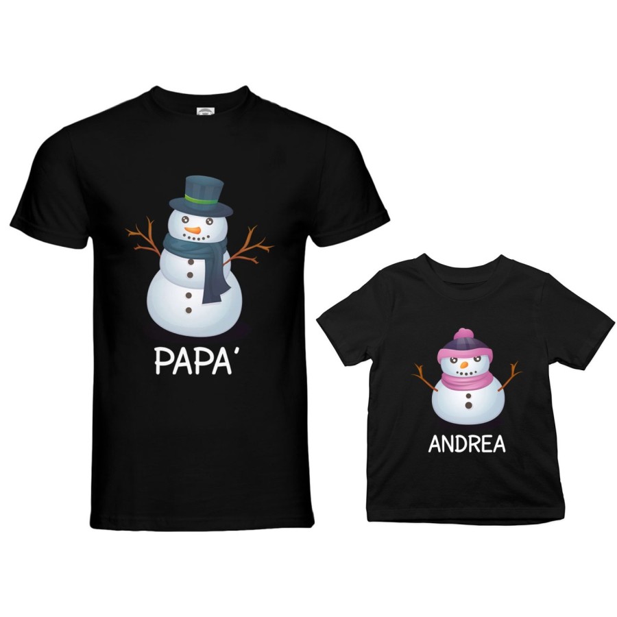 Coordinato t-shirt padre figlio personalizzabile con nomi pupazzi di neve Natale