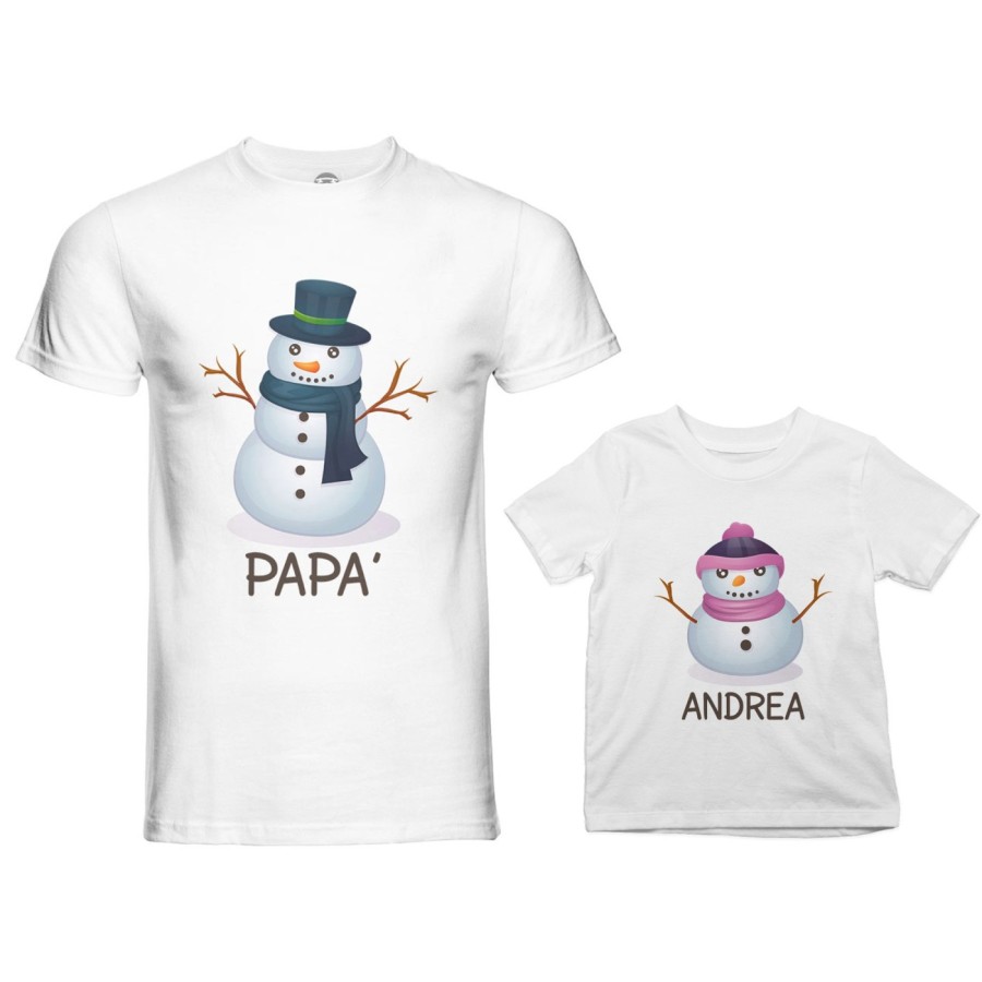 Coordinato t-shirt padre figlio personalizzabile con nomi pupazzi di neve Natale
