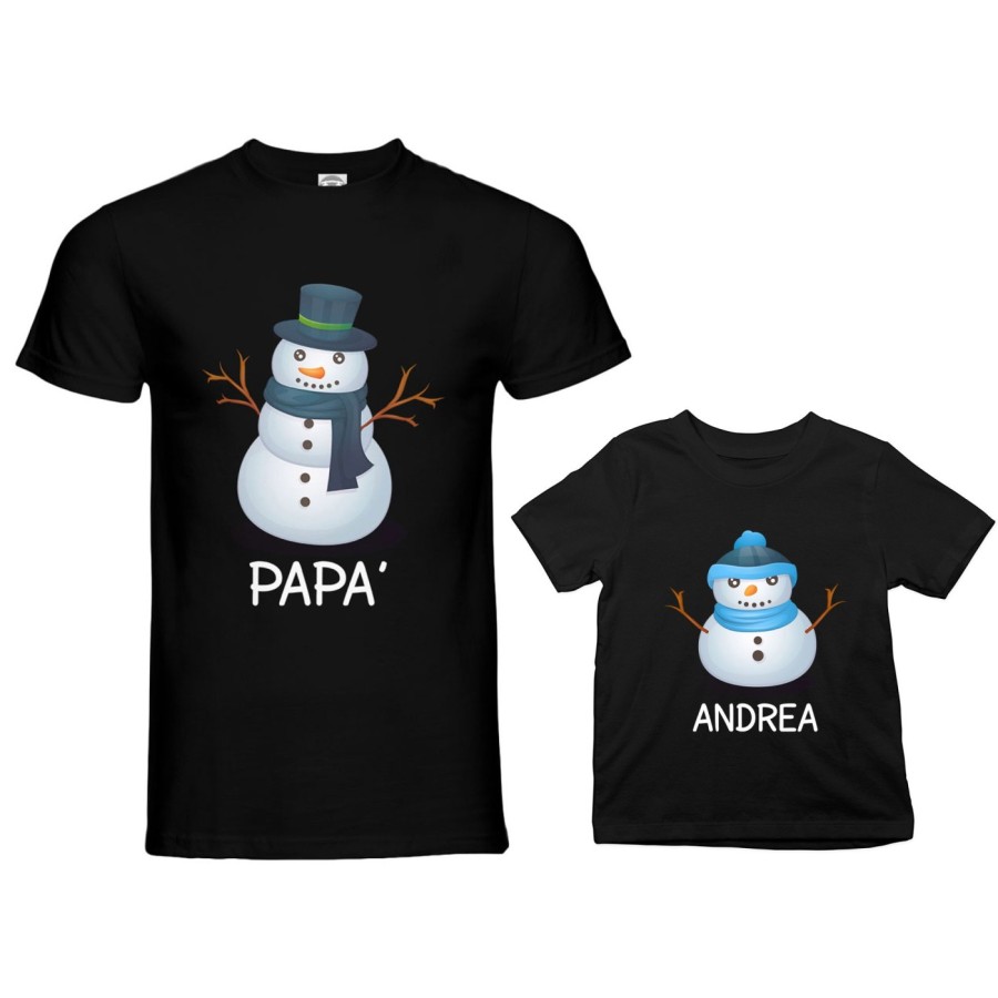 Coordinato t-shirt padre figlio personalizzabile con nomi pupazzi di neve Natale
