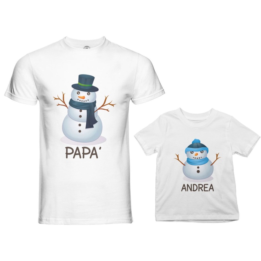 Coordinato t-shirt padre figlio personalizzabile con nomi pupazzi di neve Natale