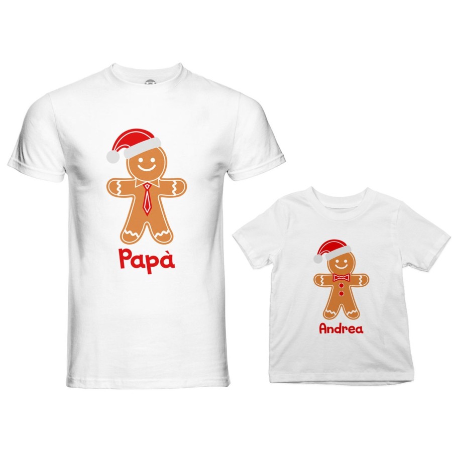 Coordinato t-shirt padre figlio personalizzabile con nome omini di pan di zenzero Natale
