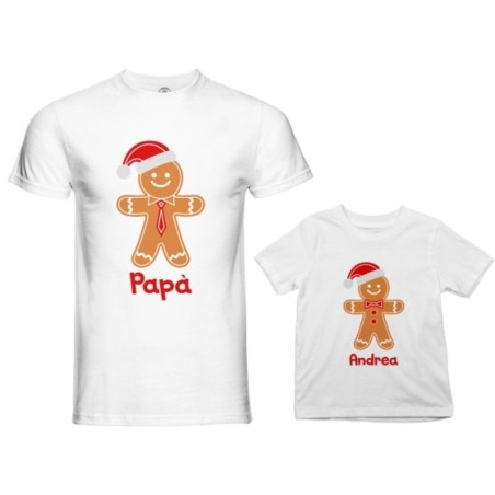 Coordinato t-shirt padre figlio personalizzabile con nome omini di pan di zenzero Natale
