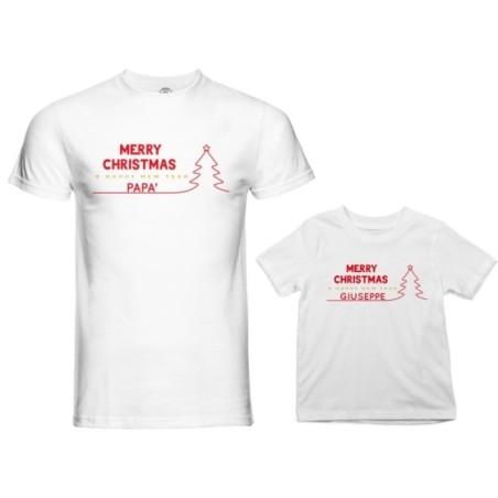Coordinato t-shirt padre figlio personalizzato con nome merry christmas and happy new year Natale