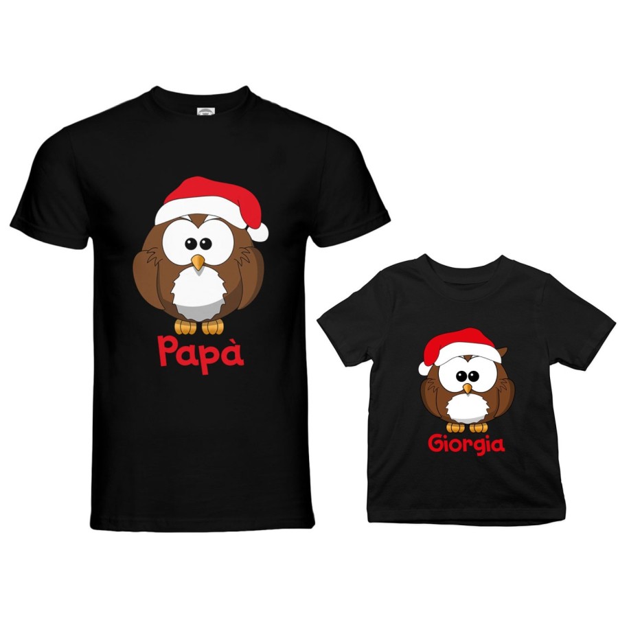 Coordinato t-shirt padre figlio personalizzato con nome gufetti natalizi Natale
