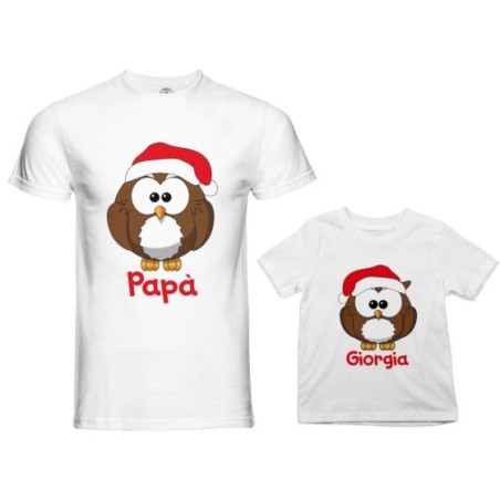 Coordinato t-shirt padre figlio personalizzato con nome gufetti natalizi Natale