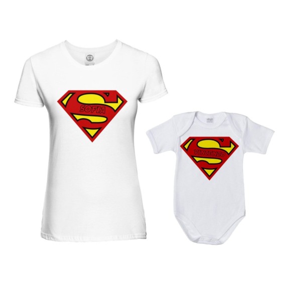 Coordinato t-shirt e body neonato madre figlio personalizzato con nomi superman Per la mamma 2