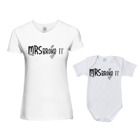 Coordinato t-shirt e body neonato madre figlio mrs broke it mr broke it mrs broke it Per la mamma