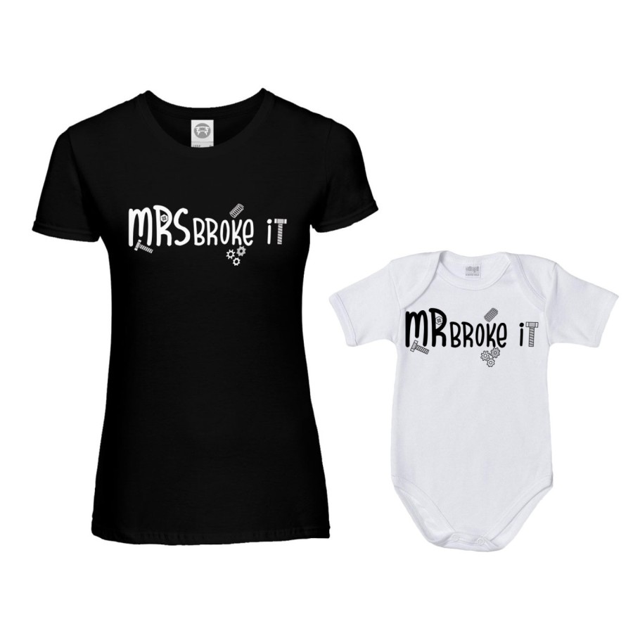 Coordinato t-shirt e body neonato madre figlio mrs broke it mr broke it mrs broke it Per la mamma