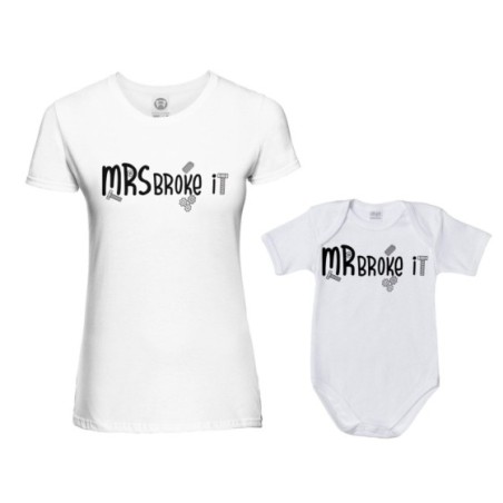 Coordinato t-shirt e body neonato madre figlio mrs broke it mr broke it mrs broke it Per la mamma