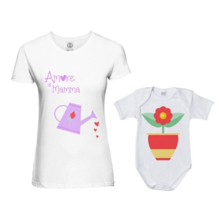 Coordinato t-shirt e body neonato madre figlio amore di mamma annaffiatoio e fiorellino Per la mamma