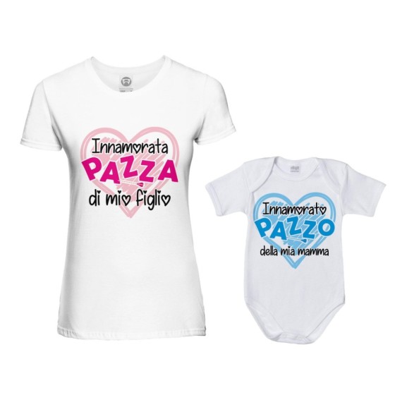 Coordinato t-shirt e body neonato madre figlio innamorata pazza di mio figlio mia figlia Per la mamma