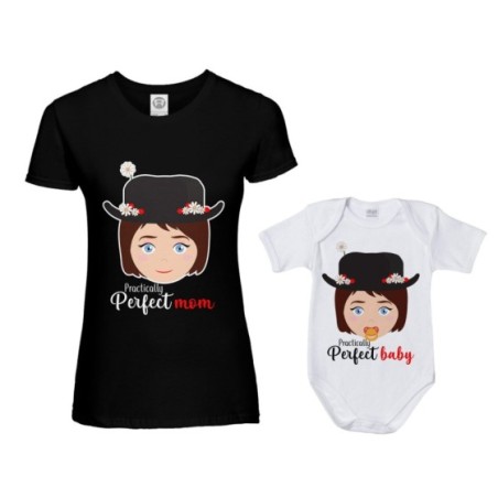 Coordinato t-shirt e body neonata madre figlia practically perfect mom perfect baby Per la mamma