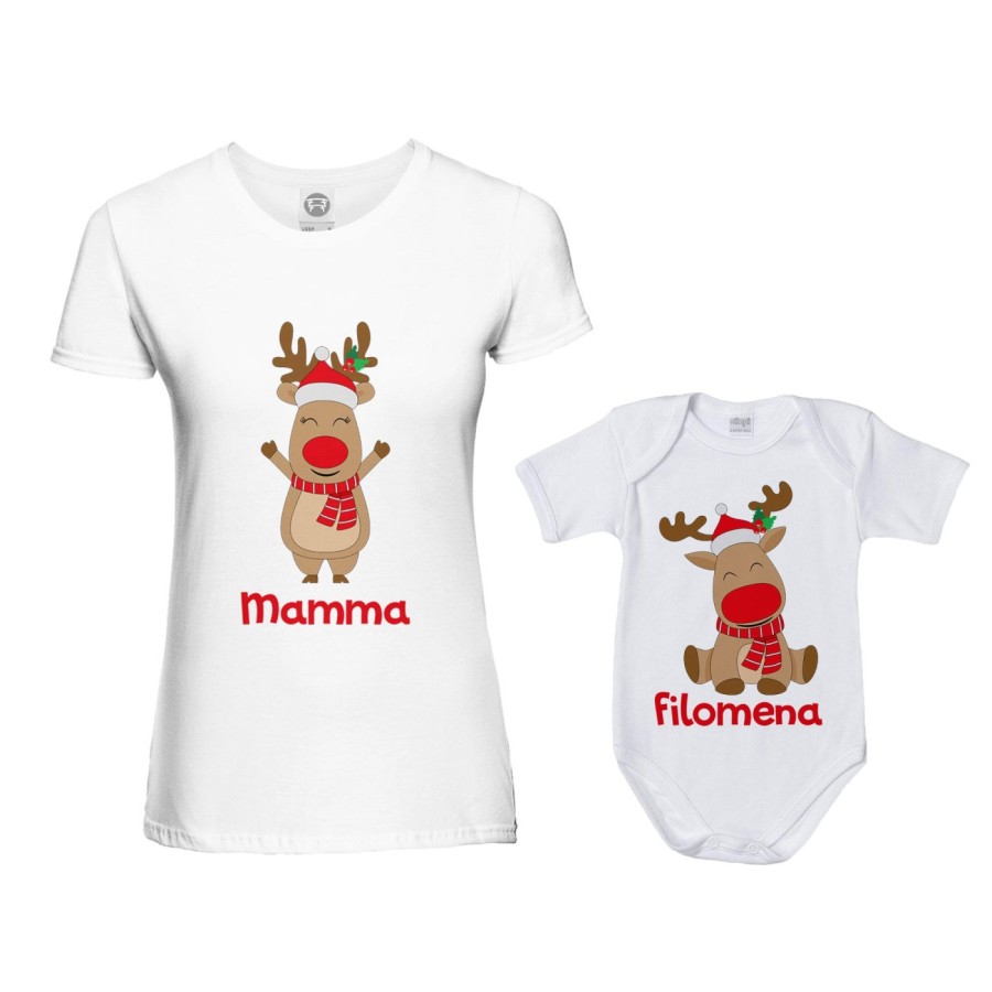 Coordinato t-shirt e body neonato madre figlio personalizzabile con nome rudolph family Natale