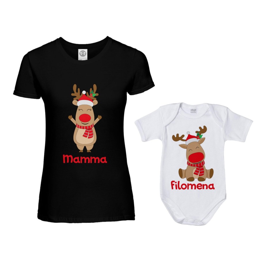 Coordinato t-shirt e body neonato madre figlio personalizzabile con nome rudolph family Natale