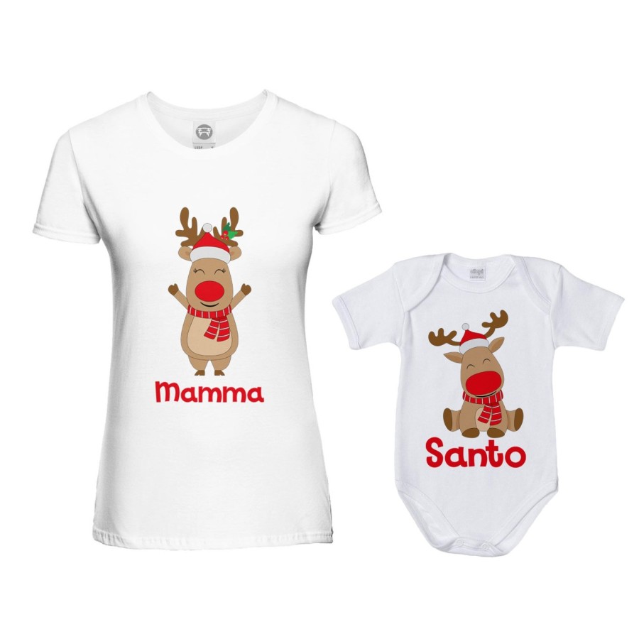 Coordinato t-shirt e body neonato madre figlio personalizzabile con nome rudolph family Natale