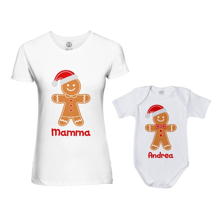 Coordinato t-shirt e body neonato madre figlio personalizzabile con nome omini di pan di zenzero Natale
