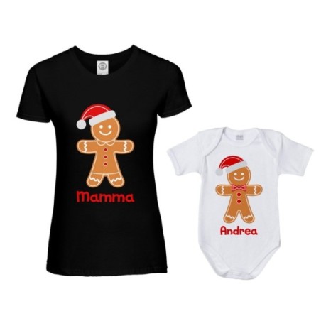 Coordinato t-shirt e body neonato madre figlio personalizzabile con nome omini di pan di zenzero Natale