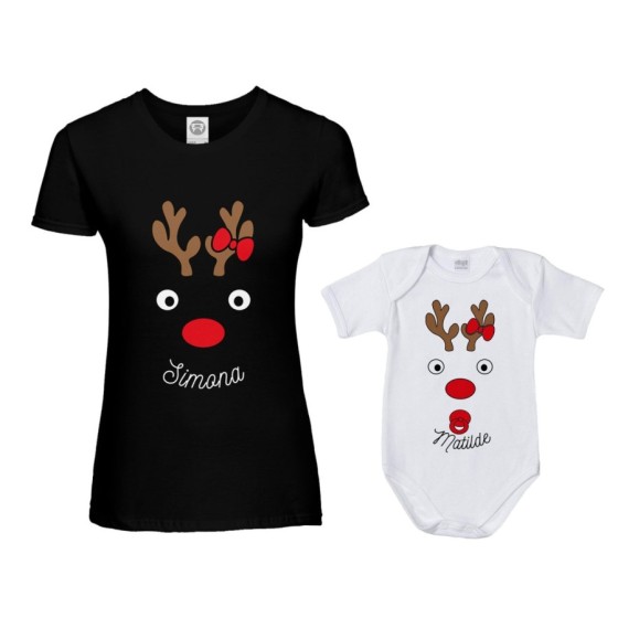 Coordinato t-shirt e body neonato madre figlio personalizzabile con nomi renne natalizie Natale 2