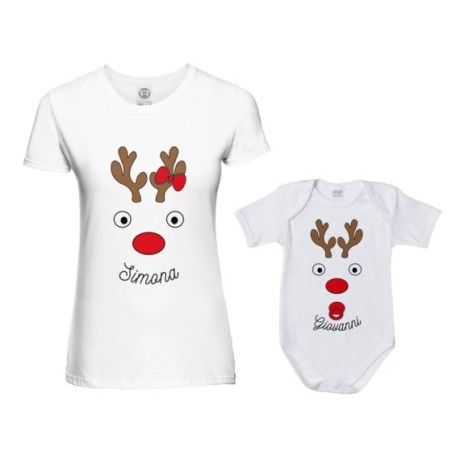 Coordinato t-shirt e body neonato madre figlio personalizzabile con nomi renne natalizie Natale
