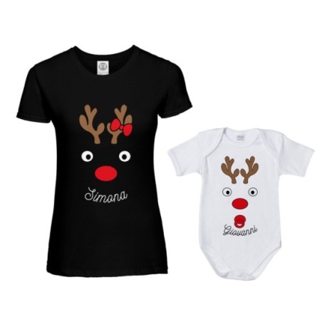 Coordinato t-shirt e body neonato madre figlio personalizzabile con nomi renne natalizie Natale