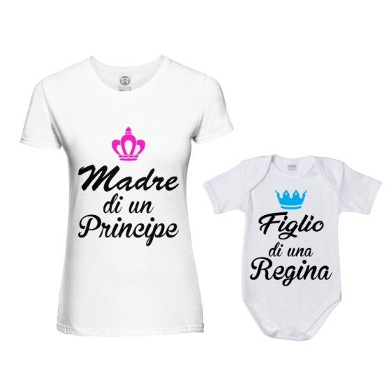 Coordinato t-shirt body madre figlio madre di un principe principessa figlio figlia regina corona azzurra fucsia Per la mamma