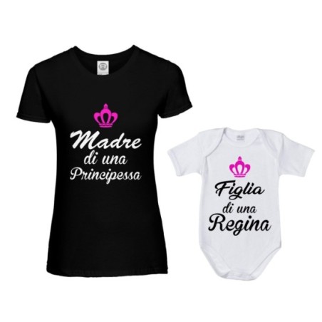 Coordinato t-shirt body madre figlio madre di un principe principessa figlio figlia regina corona azzurra fucsia Per la mamma