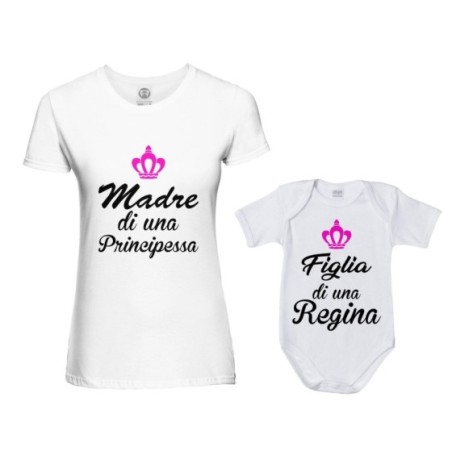 Coordinato t-shirt body madre figlio madre di un principe principessa figlio figlia regina corona azzurra fucsia Per la mamma