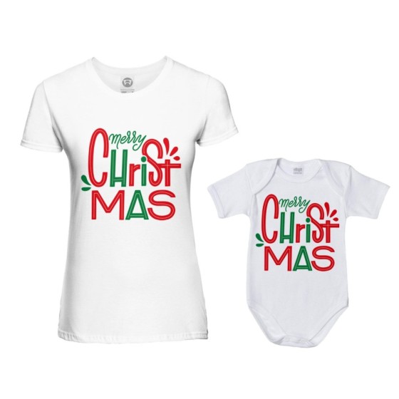 Coordinato t-shirt e body neonato madre figlio personalizzabile con nomi merry christmas colorful Natale