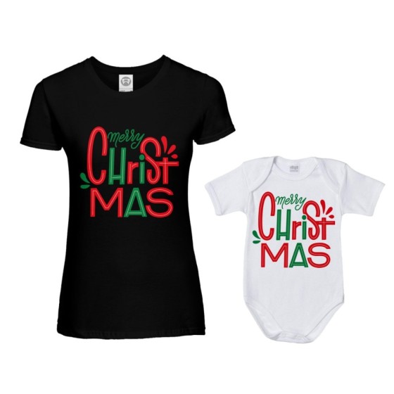 Coordinato t-shirt e body neonato madre figlio personalizzabile con nomi merry christmas colorful Natale 2