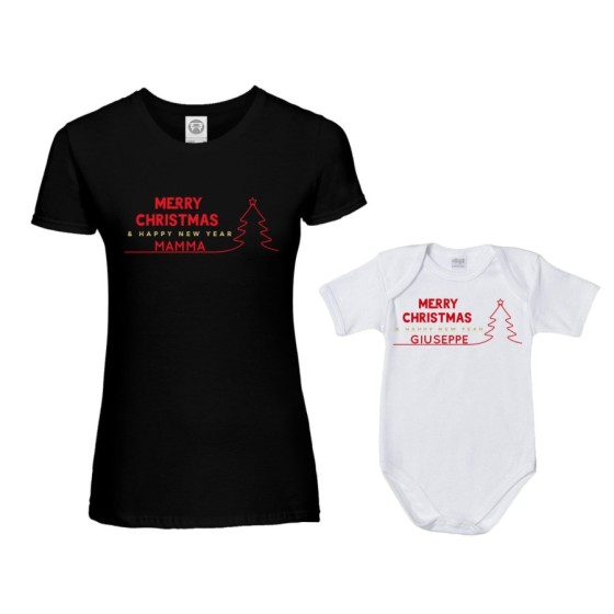 Coordinato t-shirt body madre figlio personalizzato con nome merry christmas and happy new year Natale 2