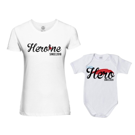 Coordinato t-shirt body madre figlio personalizzato con anno heroine since little hero since Per la mamma