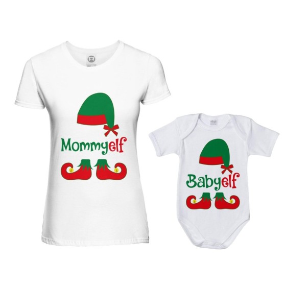 Coordinato t-shirt e body neonato madre figlio personalizzabile con nome mommy elf baby elf Natale