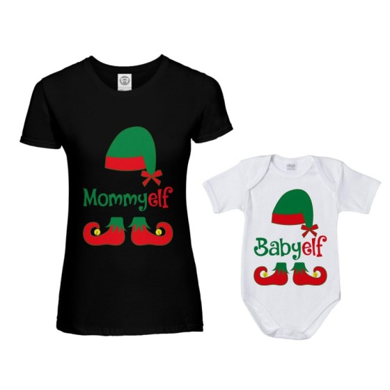 Coordinato t-shirt e body neonato madre figlio personalizzabile con nome mommy elf baby elf Natale 2
