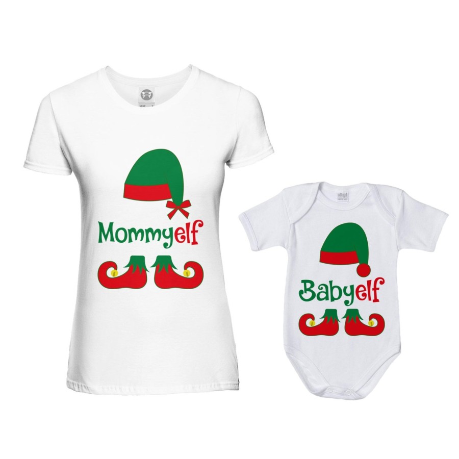 Coordinato t-shirt e body neonato madre figlio personalizzabile con nome mommy elf baby elf Natale