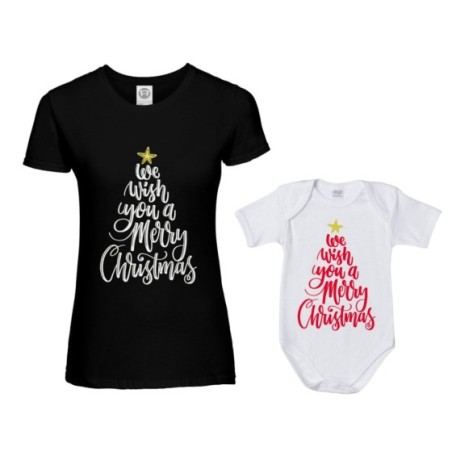 Coordinato t-shirt e body neonato madre figlio we wish you a merry christmas Natale