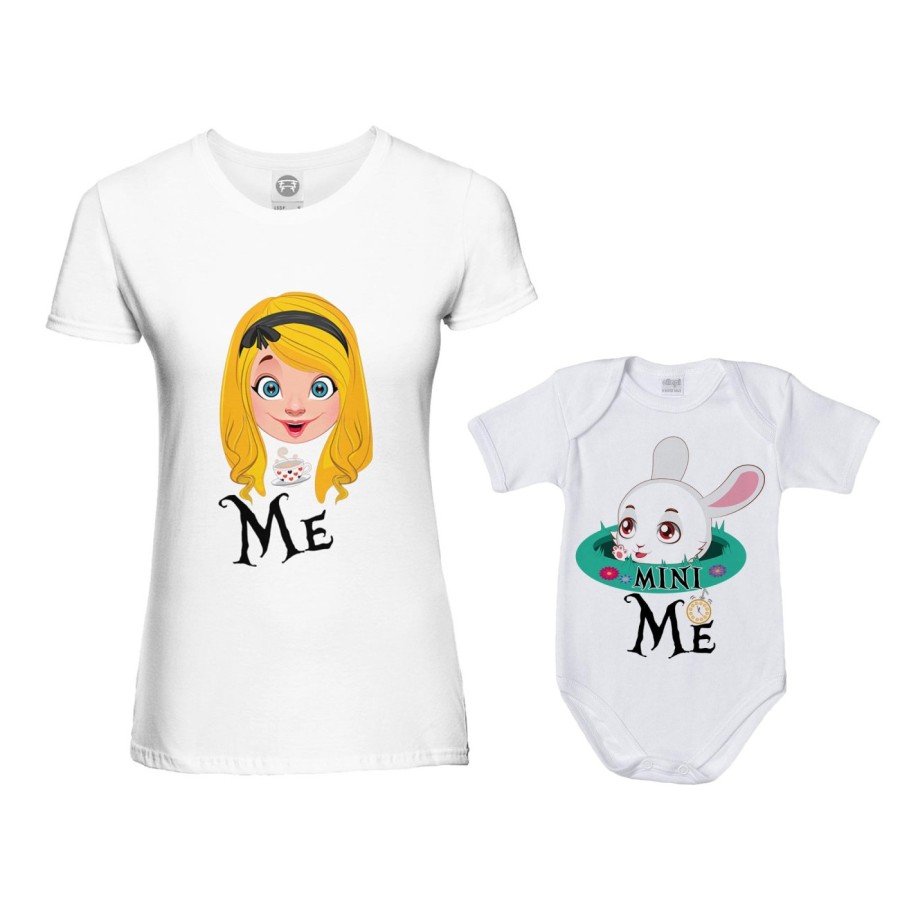 Coordinato t-shirt e body neonato madre figlio me alice mini bianconiglio Per la mamma