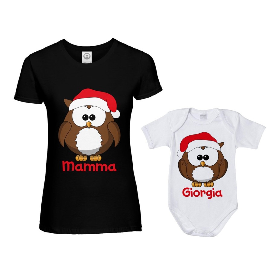 Coordinato t-shirt e body neonato madre figlio personalizzato con nome gufetti natalizi Natale