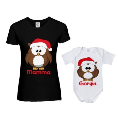 Coordinato t-shirt e body neonato madre figlio personalizzato con nome gufetti natalizi Natale