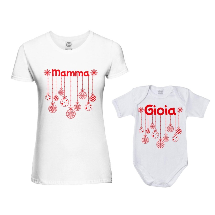 Coordinato t-shirt e body neonato madre figlio personalizzato con nome e addobbi natalizi Natale