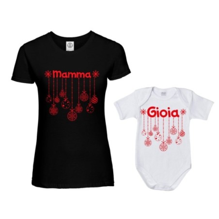 Coordinato t-shirt e body neonato madre figlio personalizzato con nome e addobbi natalizi Natale