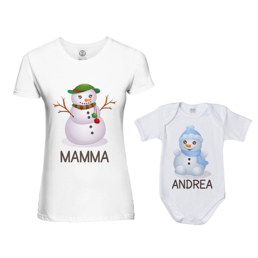 Coordinato t-shirt e body neonato madre figlio personalizzabile con nomi pupazzi di neve Natale