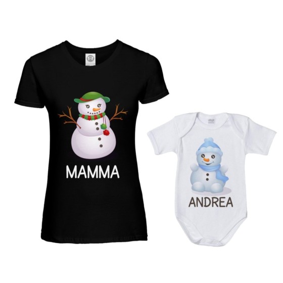 Coordinato t-shirt e body neonato madre figlio personalizzabile con nomi pupazzi di neve Natale 2