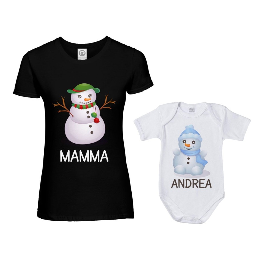 Coordinato t-shirt e body neonato madre figlio personalizzabile con nomi pupazzi di neve Natale